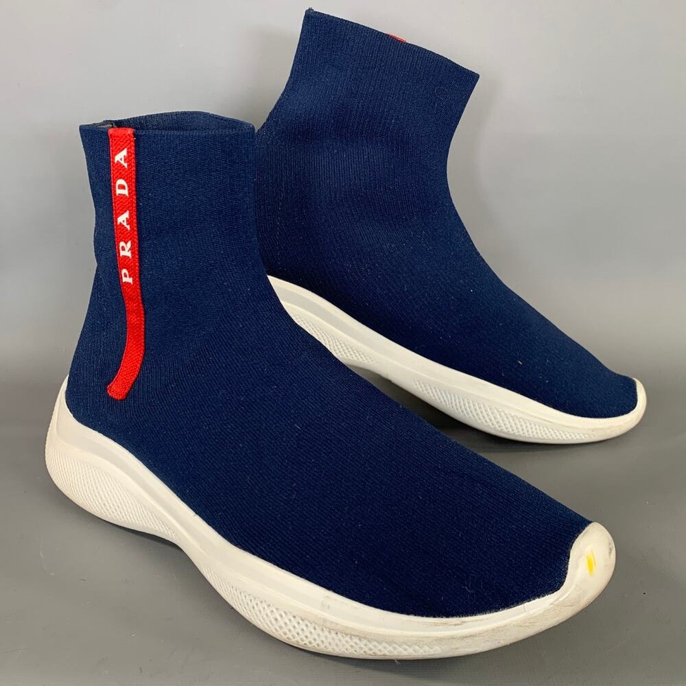 PRADA Size 9.5 Navy White Fabric Pull On Boots
